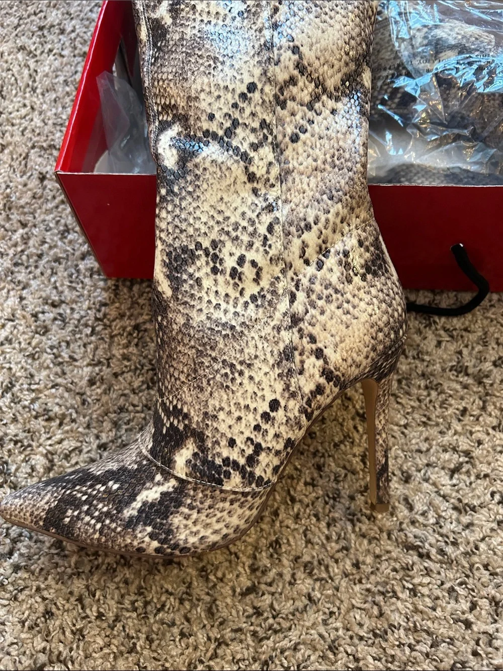 Guess Over-the-Knee Snake-Print Boots in Beige and Black